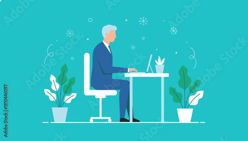 Professional man uses laptop at desk in a stylized office Business remote work winter concept
