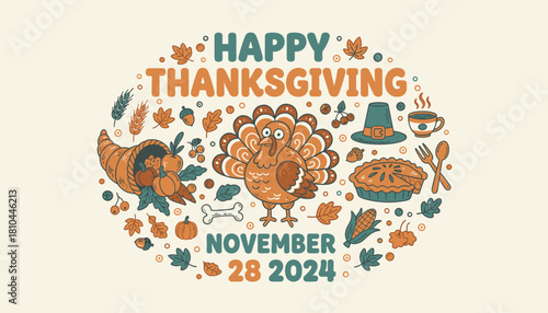 Happy Thanksgiving 2024 retro illustration with turkey cornucopia pie and fall harvest elements