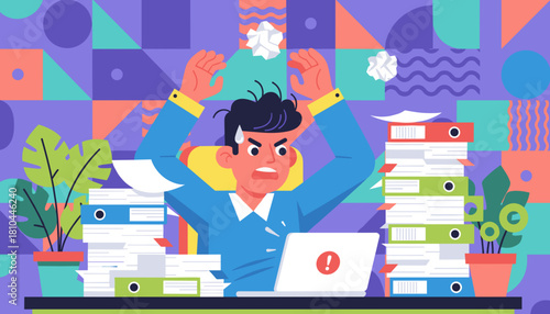 Overwhelmed office worker stressed by huge piles of paperwork and looming deadlines