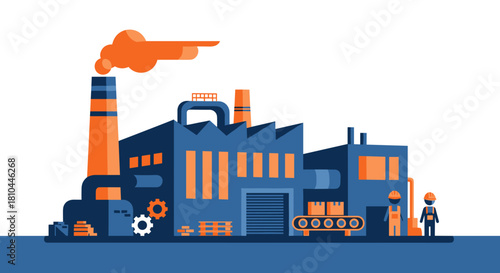 Flat design illustration of a factory manufacturing plant production line and industrial workers