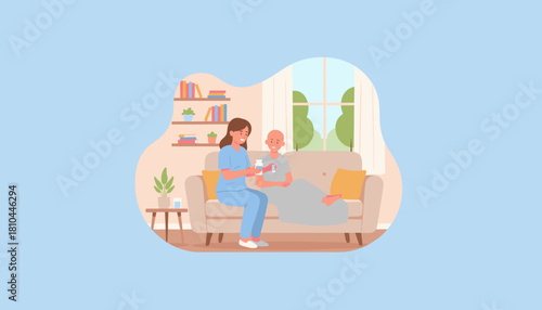 Professional caregiver assists patient with medication during home recovery Healthcare support