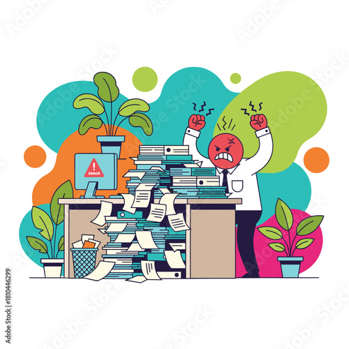 Stressed businessman angry about huge pile of paperwork and computer error