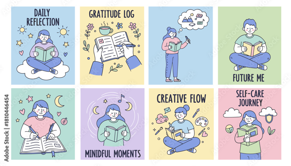 Fototapeta premium Selfcare and journaling routine vector set reflection gratitude mindfulness and creative flow illustrations