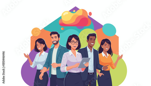 Diverse business team smiling against a colorful abstract background symbolizing collaboration and innovation