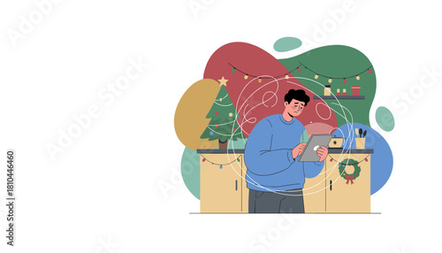 Man using tablet stressed by tangled lines and anxiety during the busy holiday season