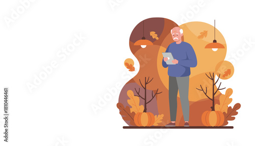 Senior man using a tablet expressing sadness amidst autumn leaves and pumpkins