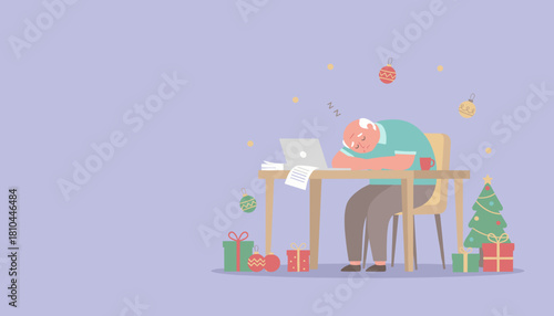 Burnout Senior man sleeping while working on a laptop surrounded by festive Christmas elements