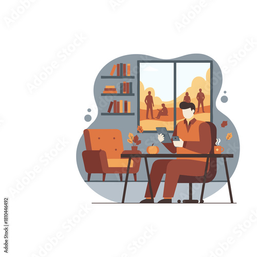 Autumn remote work illustration Man uses tablet at home with fall leaves and warm drink