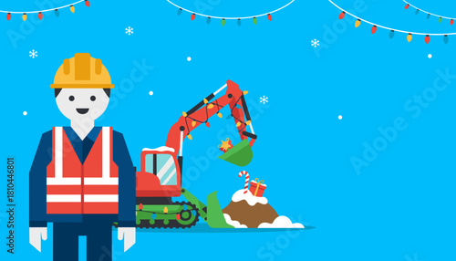 Holiday construction Excavator decorated with lights digs up Christmas gifts