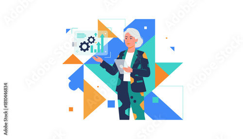 Mature CEO analyzing data display showing gears and rising charts for business growth and optimization