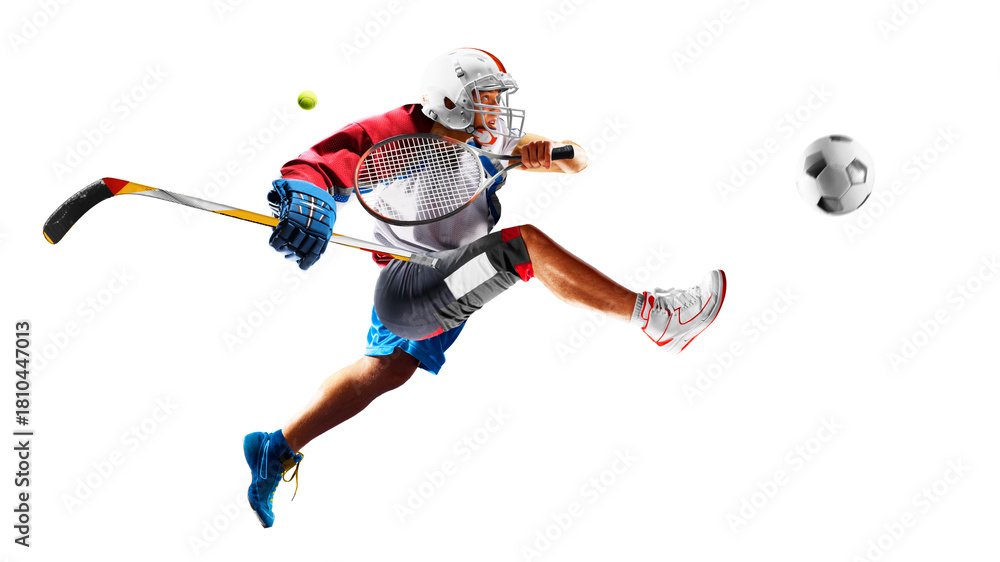 Obraz premium Multi-sport. A fun collage of a single person's many sports and hobbies, isolated on a white background. Boxing, basketball, cycling, soccer, American football, hockey, fitness, gym