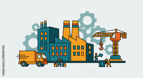 Industrial factory complex illustration manufacturing construction logistics and production concept