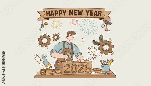 Happy New Year 2026 Carpenter carving the date symbolizing future goals craftsmanship and industry