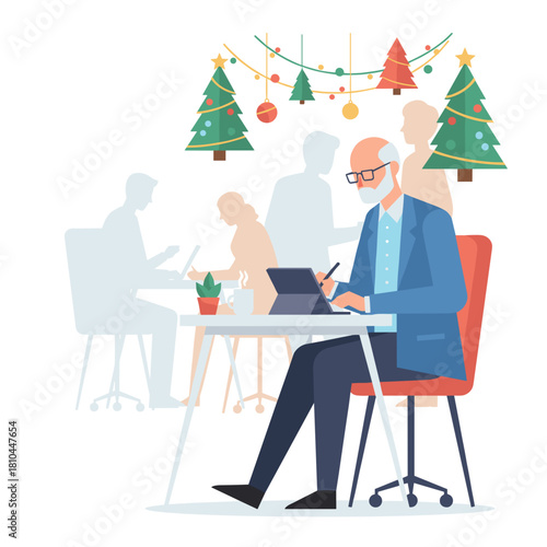 Senior professional works on a tablet in a modern office decorated for the Christmas holidays