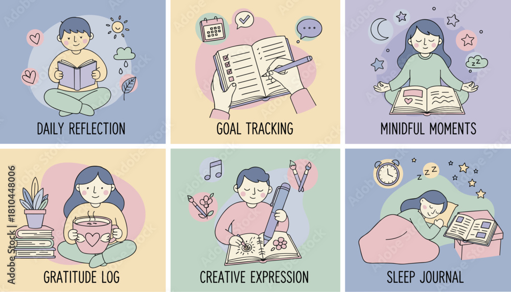 Obraz premium Collection of selfcare habits journaling reflection goal tracking mindfulness gratitude and sleep