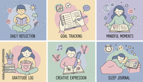 Collection of selfcare habits journaling reflection goal tracking mindfulness gratitude and sleep
