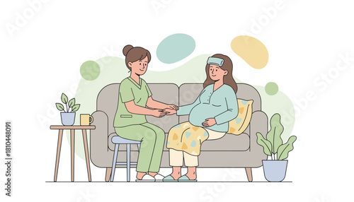 Nurse or midwife caring for a pregnant woman at home Professional prenatal health support