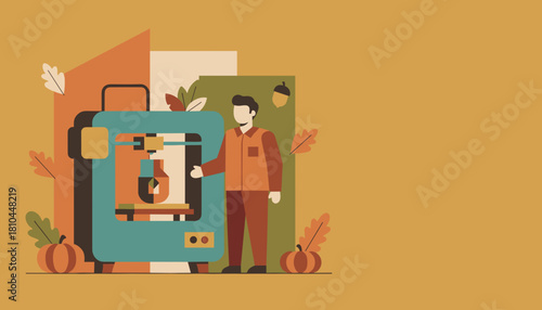 Engineer uses a 3D printer surrounded by fall leaves and pumpkins Autumn technology illustration