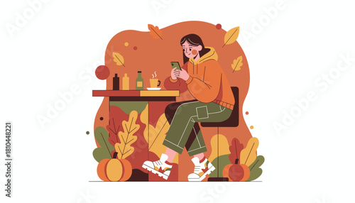 Woman uses phone at an autumn cafe table enjoying a warm drink and seasonal decor