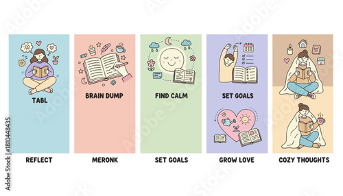 Cute illustration panels showing selfcare practices like reading journaling goal setting and finding calm