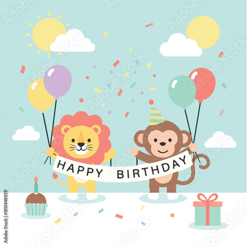 Cute Lion and Monkey Holding "Happy Birthday" Banner - Flat Design Kids Party Illustration
