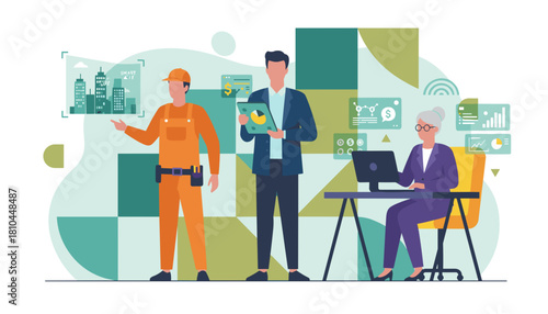 Diverse team managing smart city infrastructure construction and data analysis using modern technology