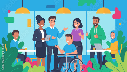 Diverse inclusive team collaborating happily in a modern office space or cafe setting