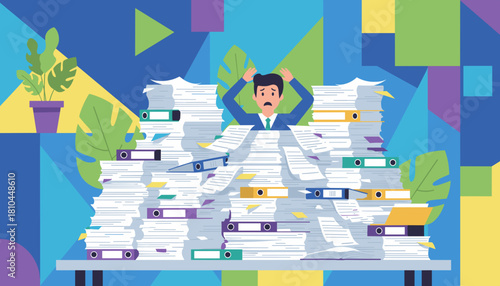 Stressed businessman overwhelmed by endless paperwork symbolizing stress bureaucracy and heavy workload