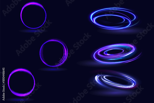 Neon swirl. Curve blue line light effect. Abstract ring background with glowing swirling background. Energy flow tunnel. Blue portal, platform