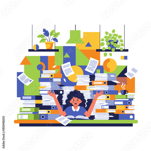 Overwhelmed office worker drowning in paperwork files and administrative chaos illustration