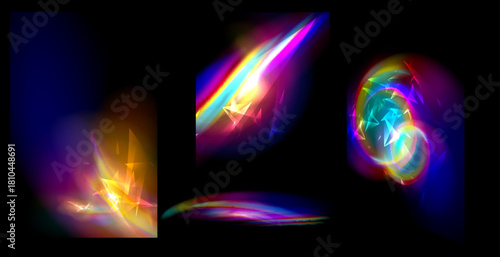 Iridescent crystal leak glare reflection effect. Optical rainbow lights, glare, leak, streak overlay. falling confetti. Vector colorful vector.
