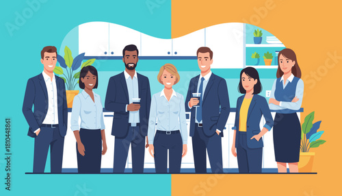 Successful diverse business team takes a coffee break in a modern office kitchen