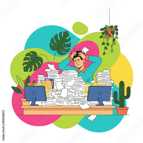 Stressed worker overwhelmed by huge stacks of paper on his desk office burnout concept
