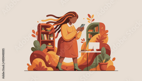 Stylish woman walking through a colorful office checking her phone Remote work concept