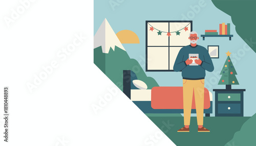 Senior man using a tablet in a cozy festive room Retirement planning or winter holiday illustration