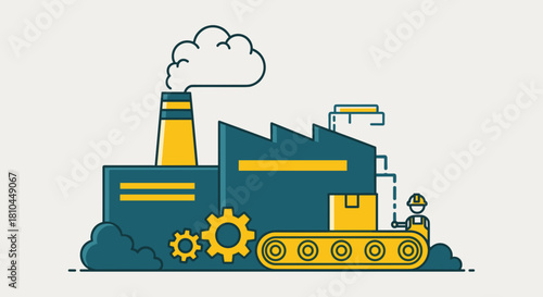 Flat graphic of factory production line worker and gears Industry and manufacturing concept