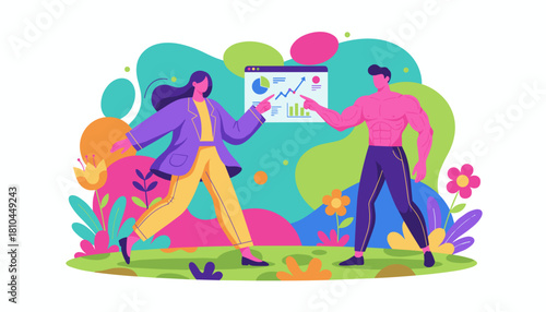 Business growth and physical health integration Woman and muscular man analyze success metrics