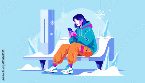 Young person uses smartphone on a snowy bench Digital connectivity isolation and winter lifestyle illustration