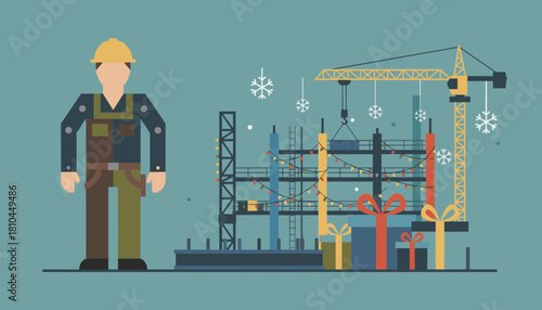 Festive construction site with worker crane gifts and holiday lights Flat design illustration
