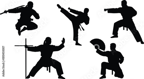 Martial arts silhouette vector set, ninja and samurai fighters, karate kick and punch, kung fu weapons illustration isolated on white background.