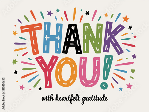 This lively image expresses gratitude with the words 'Thank You!' in a vibrant, playful style, accompanied by stars and confetti, perfect for celebratory occasions.