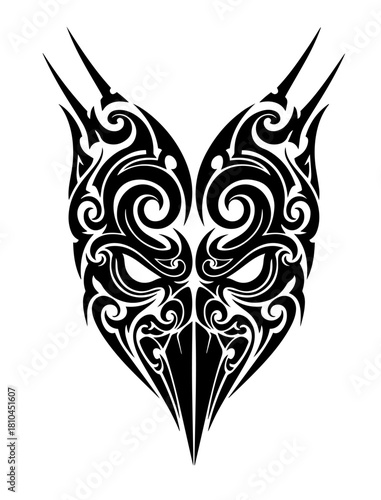A symmetrical black tribal tattoo design depicting a stylized mystical mask with sharp horns, intricate swirls, and a pointed beak, rendered as a bold high-contrast vector silhouette illustration
