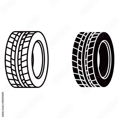 Two car tires, one in outline and one in solid black, isolated on white background