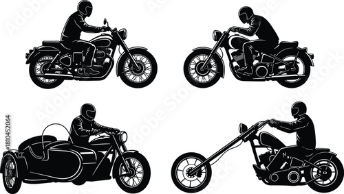 Motorcycle riders silhouettes set, including classic cruiser, chopper, and sidecar motorbike with driver in helmet, vintage bike vector illustration content.