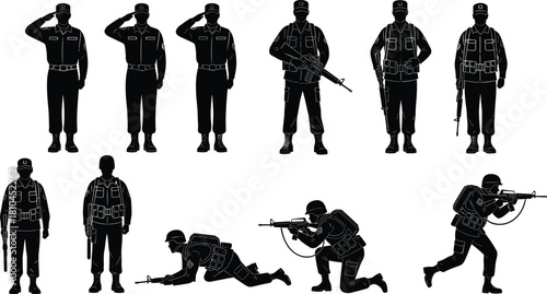 Military silhouettes of soldiers, army men in various poses, saluting, standing, aiming rifles, crawling, running, and wearing combat gear, vector illustration set isolated on white.