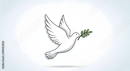Minimalist vector icon of a flying dove holding an olive branch in its beak