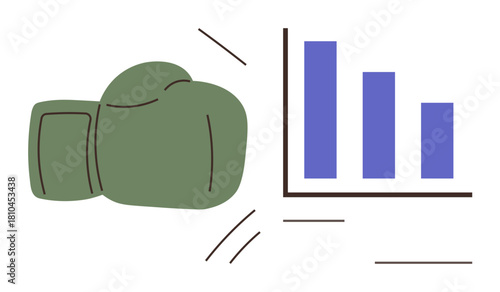 Green boxing glove hitting blue bar chart, symbolizing competition, business challenges, and performance. Ideal for business strategy, growth, resilience, analysis, competition performance insight