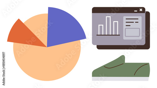 Pie chart, bar graph interface, and shoe showcase modern approaches to tracking finance and product data. Ideal for data analysis, e-commerce, retail, trends, statistics, marketing simple flat