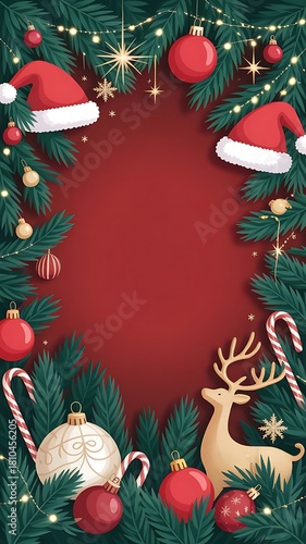 Festive Christmas Border with Ornaments and Reindeer