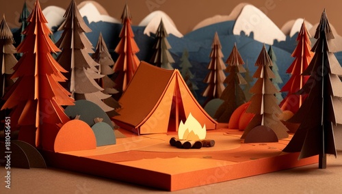Wallpaper Mural  Orange Tent, Campfire, Paper Trees, Mountains, Adventure, and Outdoor Wilderness. Torontodigital.ca